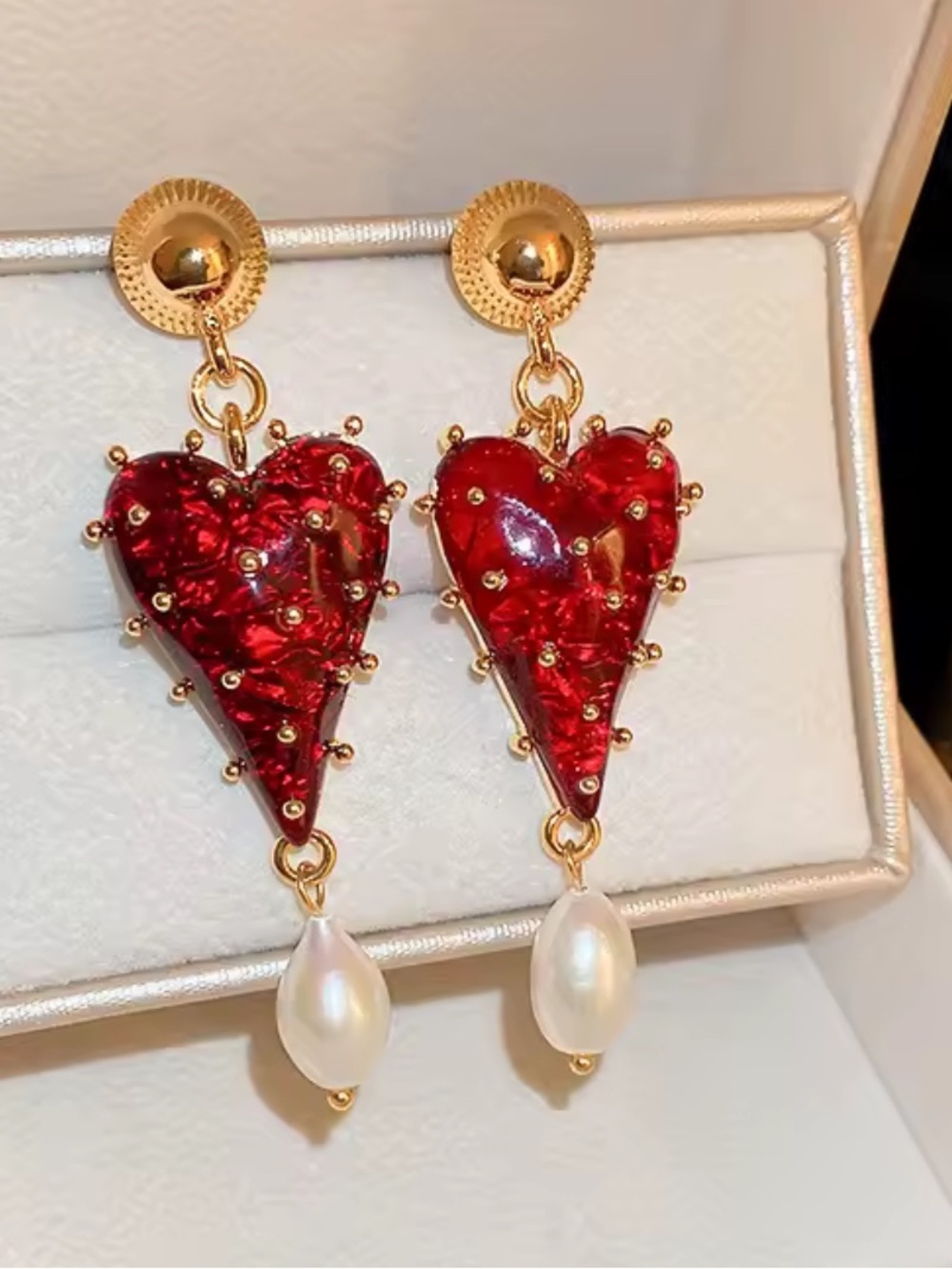 Red Heart Pearl Drop Gold Earrings